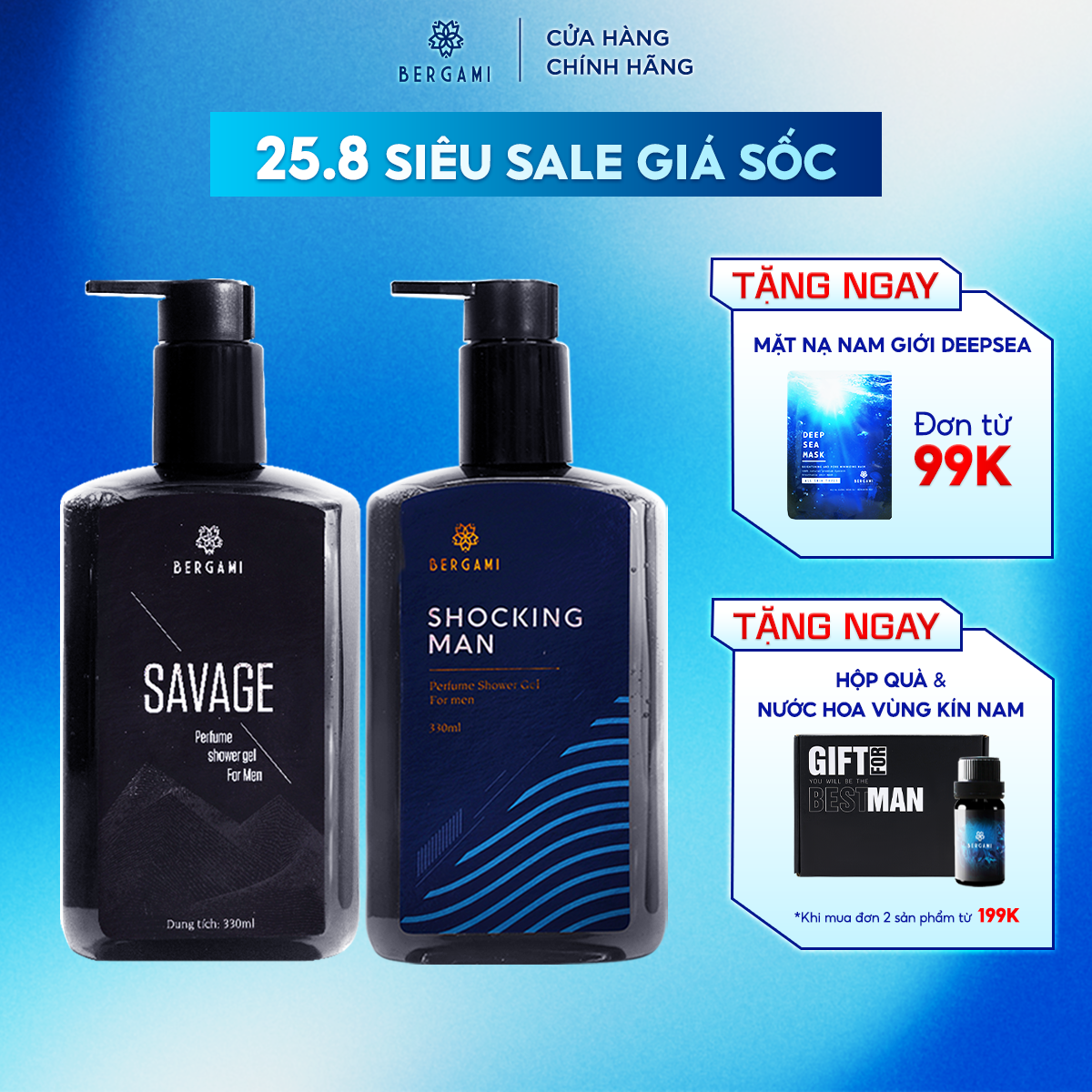Combo 2 sữa tắm nam hương nước hoa bergami savage và shocking man, ngừa khuẩn mùi hương nam tính lưu hương 6h 330ml/chai