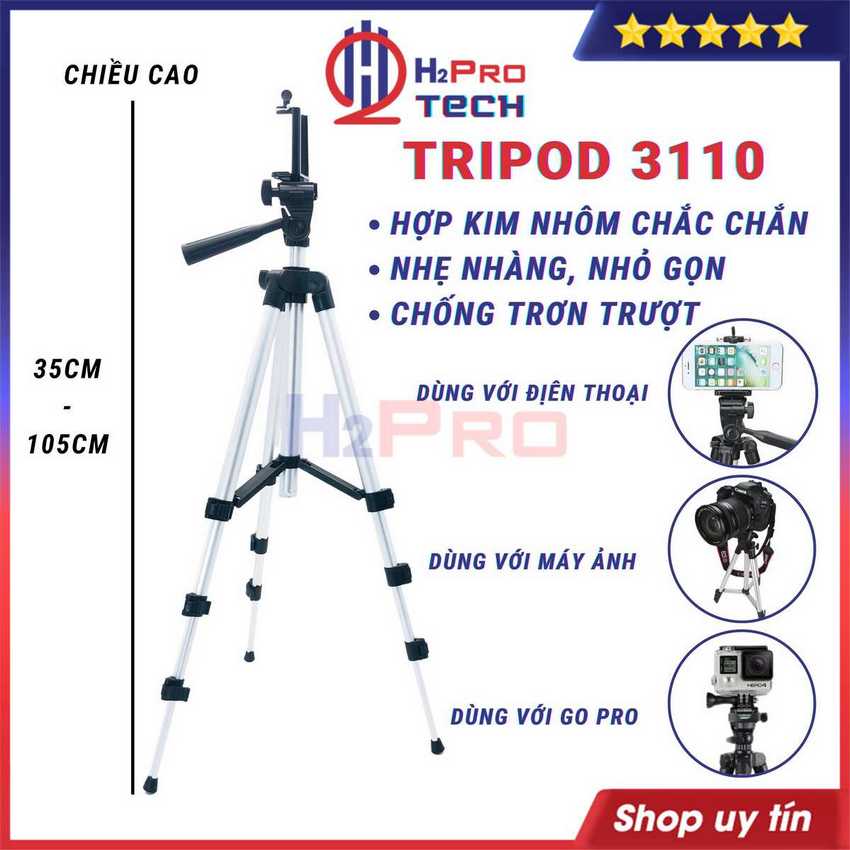 Chân máy ảnh, điện thoại tripod 3110 cao 1m, khung nhôm chắc chắn dùng chụp ảnh, quay video, livestream - h2pro tech