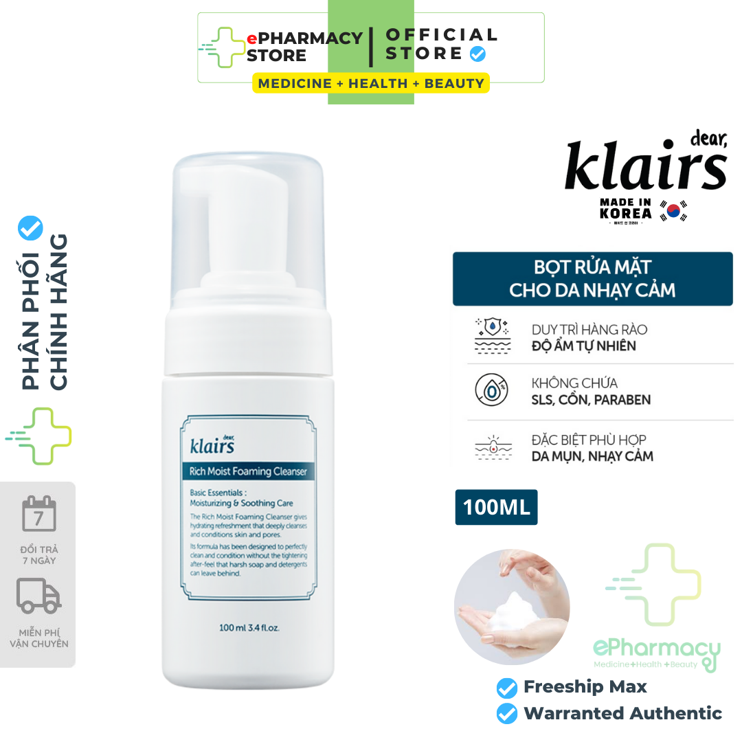 Sữa Rửa Mặt Klairs Rich Moist Foaming Cleanser tạo bọt làm sạch dưỡng ẩm & chống lão hóa 100ml