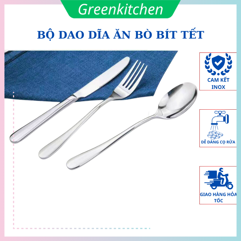 Dao dĩa ăn bít tết - Nĩa thìa ăn steak, inox 304 sáng bóng, cán dày cầm chắc tay