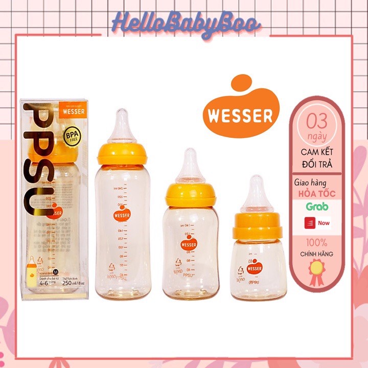 Bình sữa ppsu wesser cổ hẹp cao cấp 60ml - 140ml - 250ml mẫu mới 2020