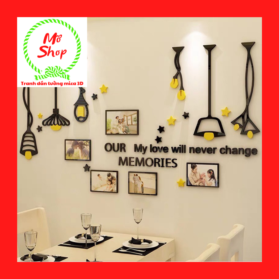 Tranh 3D dán tường chất liệu Mica cao cấp hình cầu dây đèn thả cực đẹp trang trí phòng khách, phòng bếp sang trọng