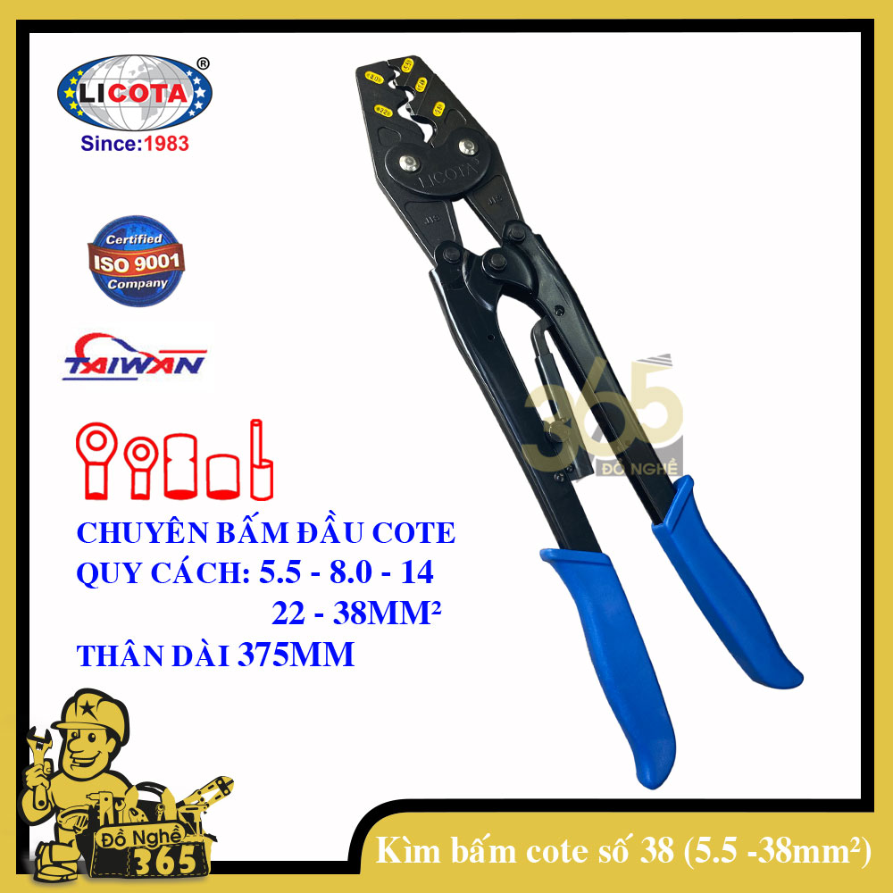 Kìm bấm đầu cote số 38 Licota - , kìm bấm cos, kìm ép cos Cán kìm được thiết kế đặc biệt, chế tạo bằng thép tốt, chịu được áp lực cao và được bọc nhựa cao cấp, giúp quá trình thao tác nhẹ nhàng & thoả