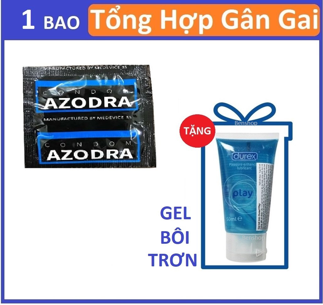 Combo 1 bao cao su tổng hợp ,kéo dài thời gian AZODRA tặng 1 chai gel bôi trơn Play 50ml