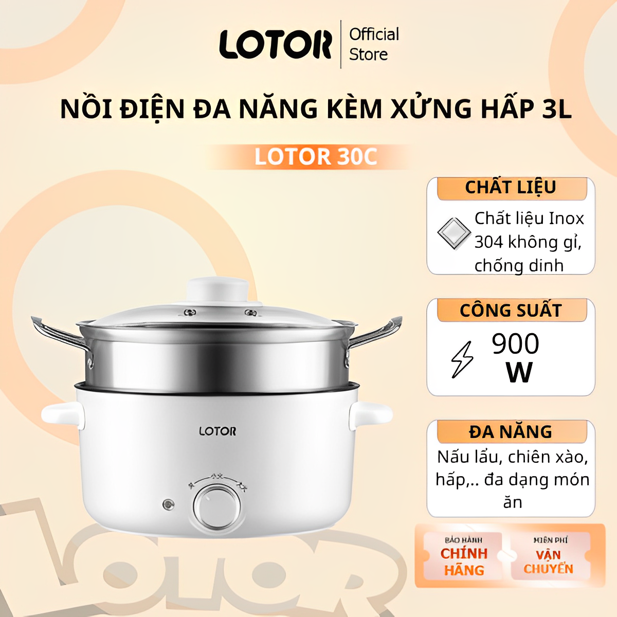 Nồi điện đa năng chống dính chính hãng lotor, có xửng hấp inox dung tích 3l, công suất 900w, nồi lẩu điện, nồi chiên, xào, nấu cơm cho gia đình - bảo hành 12 tháng
