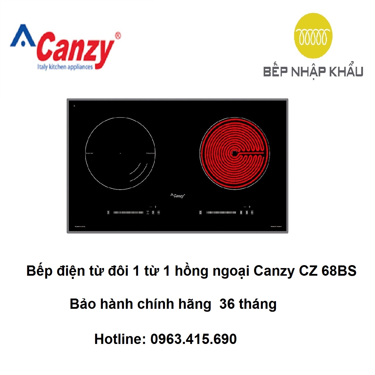 Bếp điện từ đôi 1 từ 1 hồng ngoại Canzy CZ 68BS, thiết kế đẹp mắt, tinh tế, nhiều tính năng thông minh, giúp nâng cao hiệu quả nấu nướng, tiết kiệm điện năng