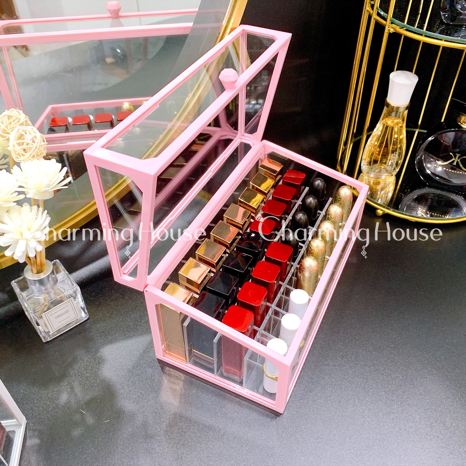 - Khay đựng son có nắp 32 cây chất liệu kính viền nhựa cao cấp