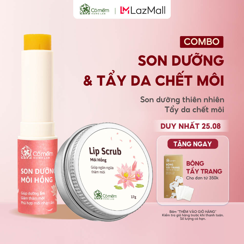 Combo môi hồng gồm son dưỡng hồng môi và tẩy da chết giảm thâm cỏ mềm