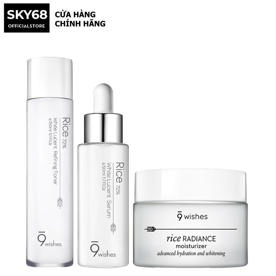 Bộ 3 Sản Phẩm Se Khít Lỗ Chân Lông, Dưỡng Trắng Da Từ Gạo 9 Wishes ( Toner 150ml + Serum 50ml + Kem 50ml)