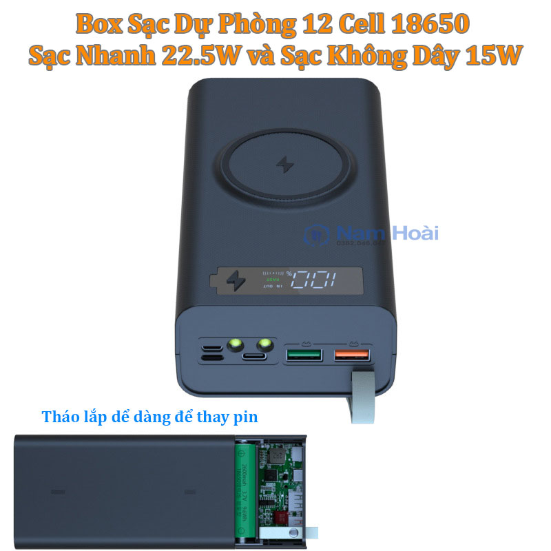 Box sạc dự phòng 12 cell pin 18650 sạc nhanh qc,pd 3.0 22.5w, sạc nhanh không dây 15w