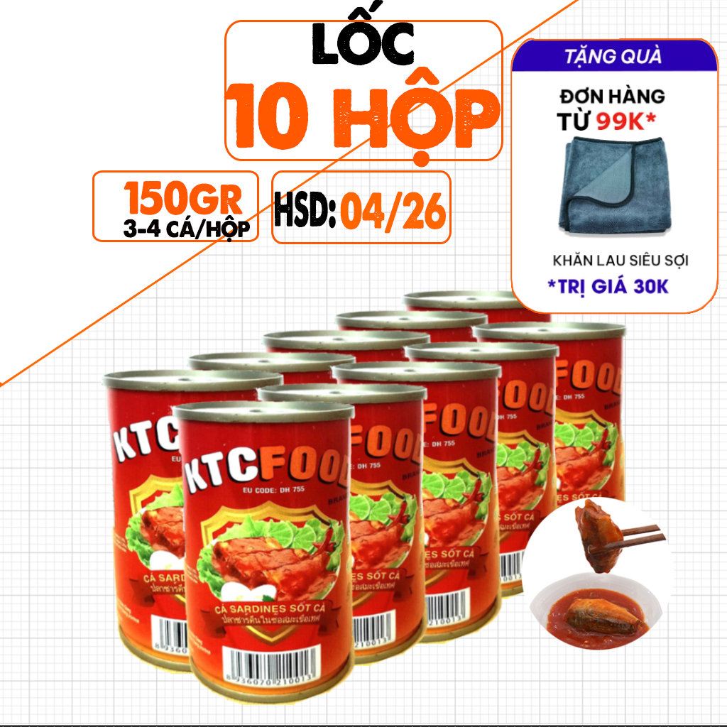 Lốc 10 Hộp Cá Mòi Sốt Cà KTC Kiên Giang Chính Hãng, Đóng Lon 155g, Date 04/2026, Cá Mềm, Vị Chua, Ngọt, Ăn Liền