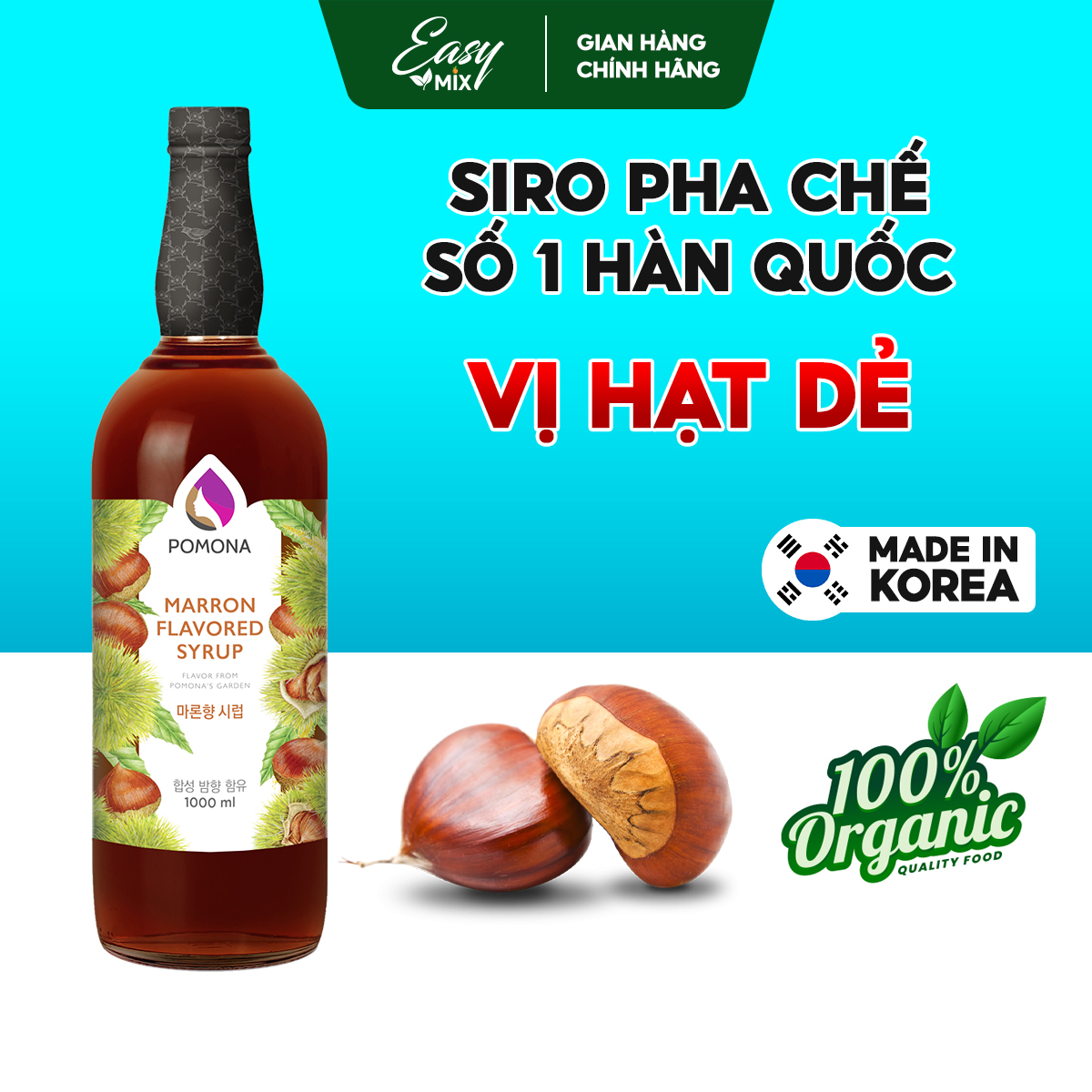 Siro Hạt Dẻ Pomona Marron Syrup Nguyên Liệu Pha Chế Hàn Quốc Chai Thủy Tinh 1 Lít