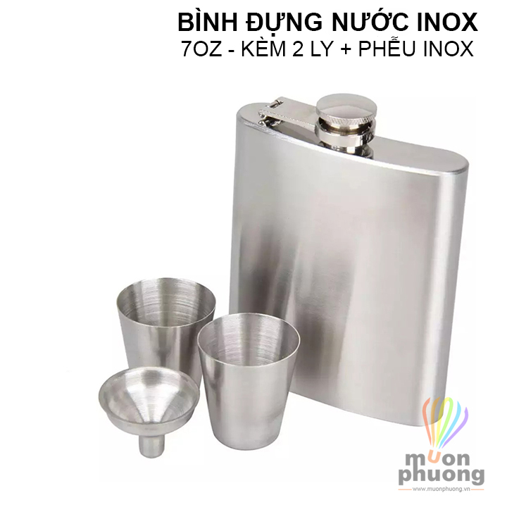 Bình đựng nước thuốc chất lỏng inox Hip Flask 7oz kèm ly và phễu - MUÔN PHƯƠNG SHOP