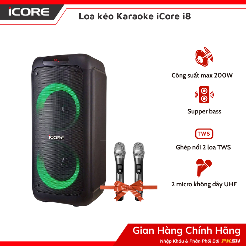 Loa kéo Karaoke iCore i8 - Loa karaoke bass đôi - Loa kéo có đèn chớp theo nhạc - Tặng 2 micro UHF cao cấp - Bảo hành 12 tháng - Hàng chính hãng
