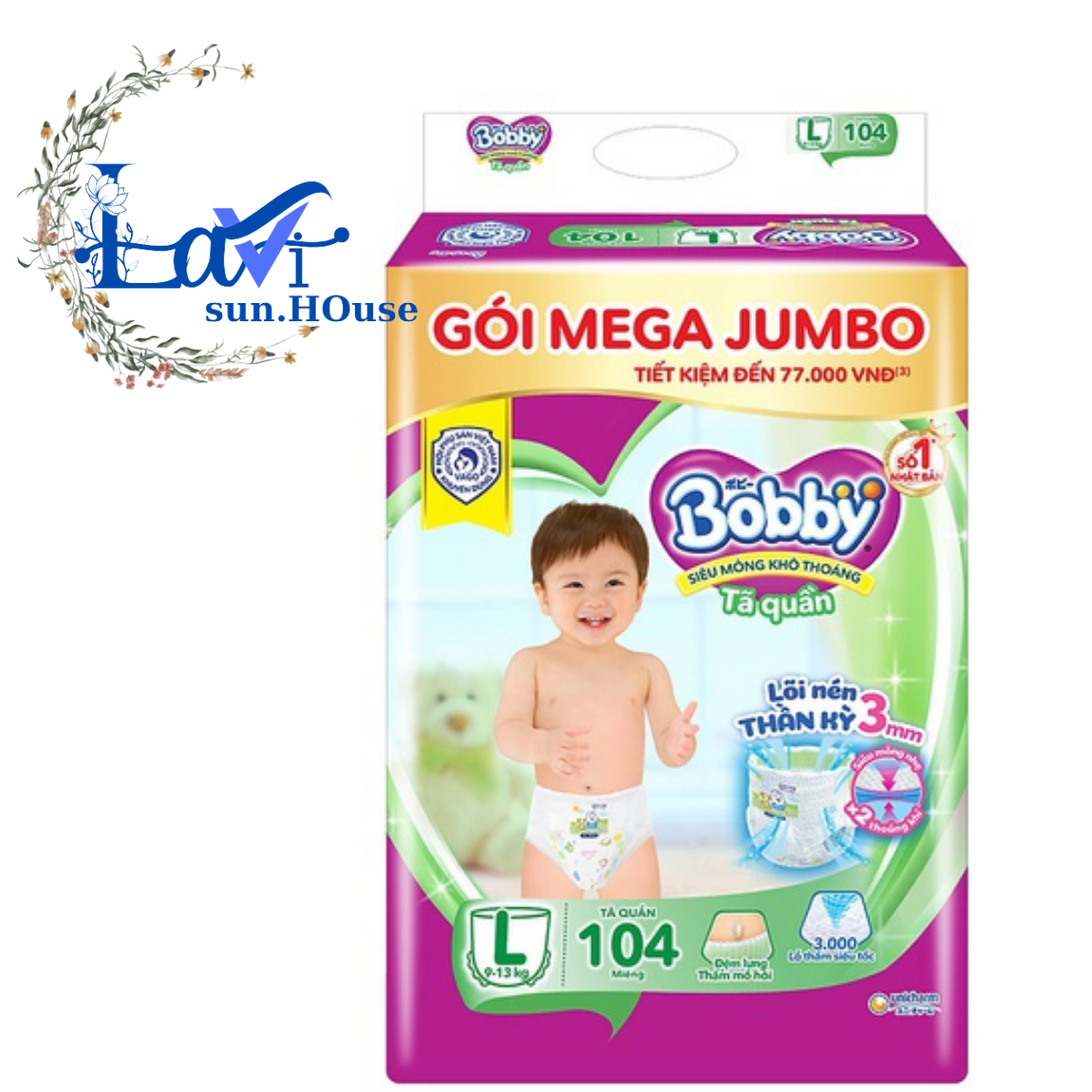 Tả quần bobby mega jumbo đủ size m120,l96, xl84, xxl76miếng, tả quần bobby mẫu mới lõi nén thần kỳ
