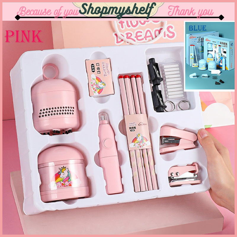 Bộ dụng cụ học tập văn phòng phẩm 6 món Huachi: chuốt bút chì tự động+ máy hút bụi mini+ tẩy điện+ kim bấm+ bấm lỗ và bút chì - Bộ quà tặng văn phòng phẩm