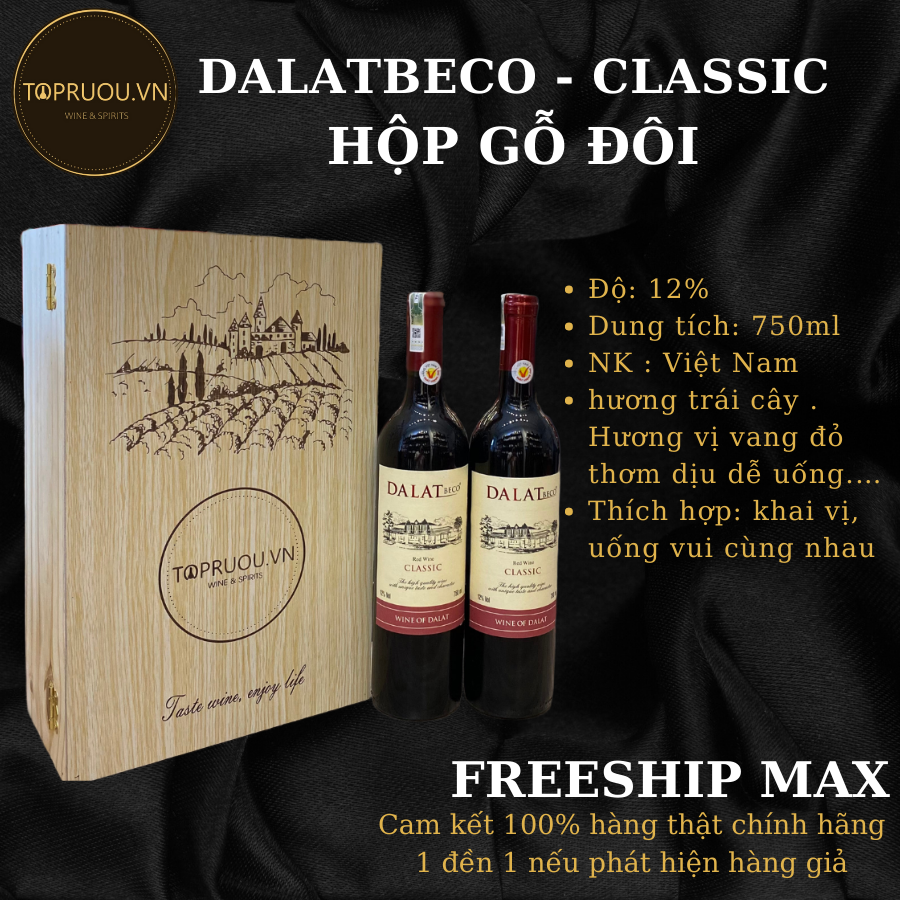 Rượu vang đỏ dalatbeco classic 750ml + hộp gỗ đôi