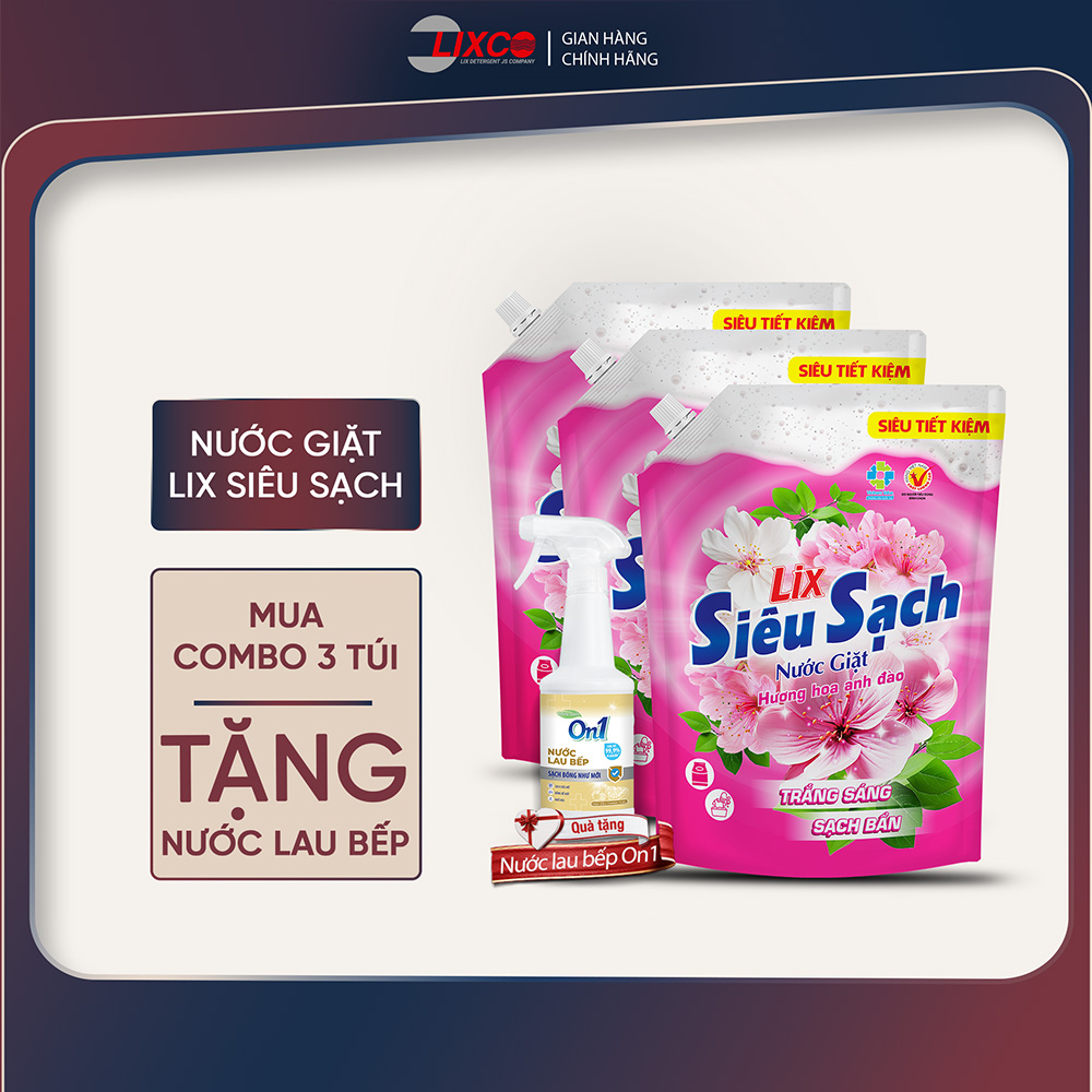 Combo 3 túi nước giặt Lix siêu sạch hương hoa anh đào sạch thơm tặng 1 chai nước lau bếp On1 500ml,