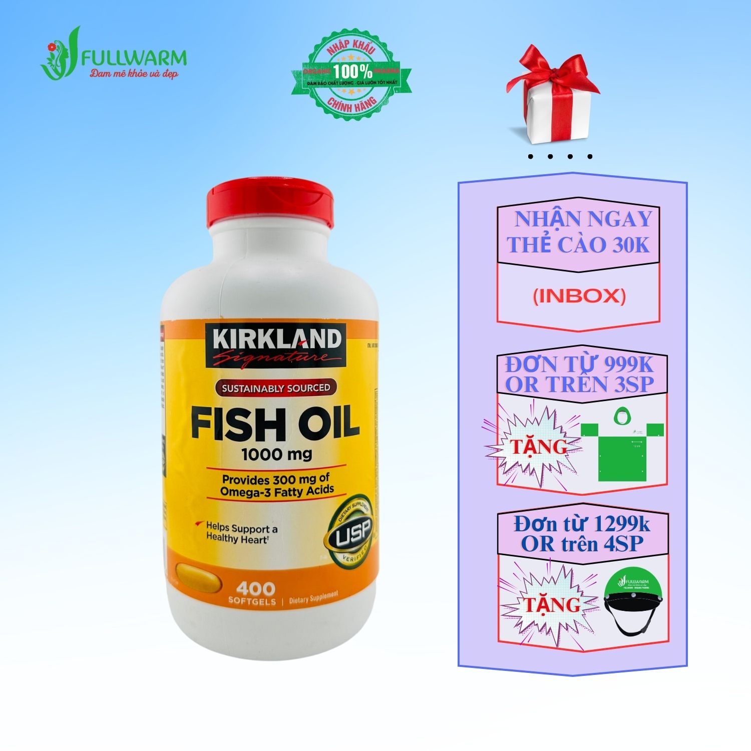 Viên Uống Dầu Cá FISH OIL Omega 3 1000mg Kirkland xuất xứ Mỹ hộp 400 viên