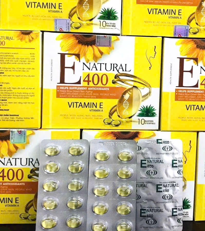 Vitamin e 400 natural   giúp dep da mờ thâm, chống lão háo, làm sáng và mịn da, làm da sáng tự nhiên có tinh chất nha đam  vi