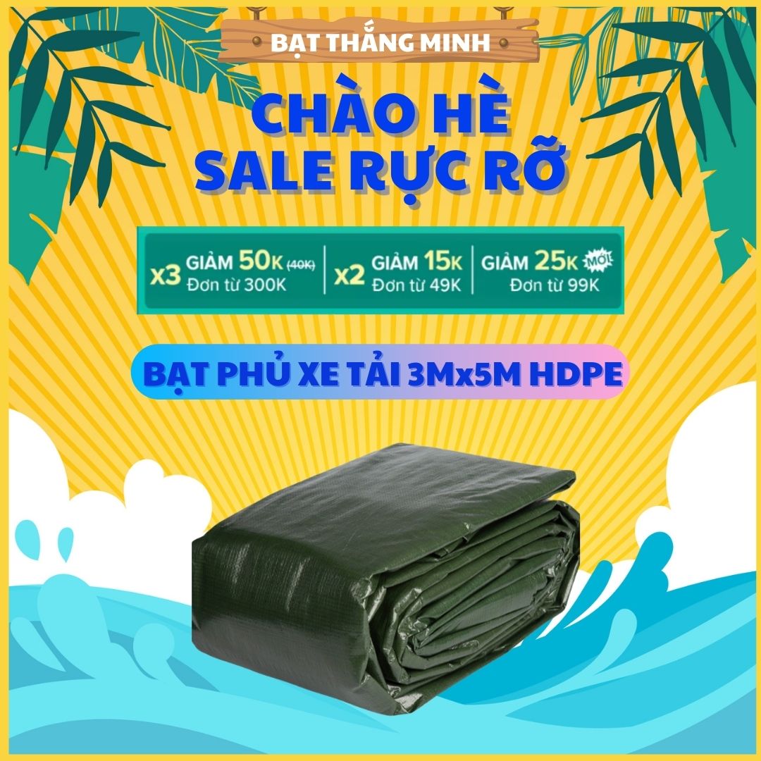 Bạt màu xanh bộ đội siêu dày Khổ 3mx5m tấm che nắng mưa phủ thùng xe oto tải đậy hàng hóa tự cuốn phục vụ cắm trại, picnic, dã ngoài làm lều trải sàn làm bể bạt nuôi trồng Bạt Thắng Minh