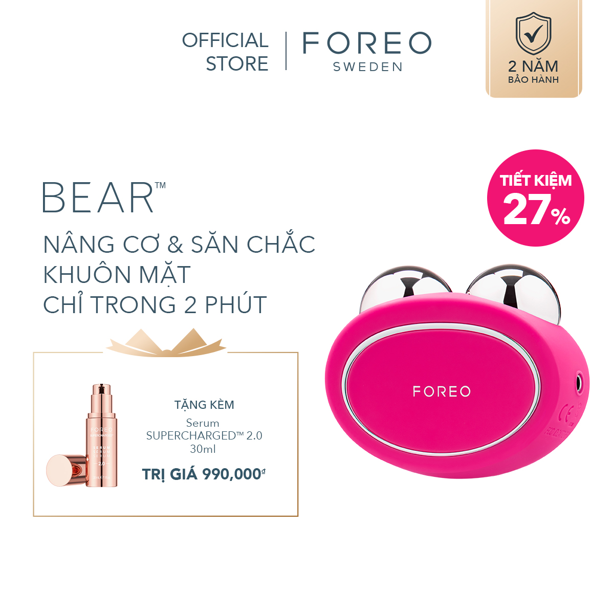 Máy massage nâng cơ mặt cao cấp FOREO BEAR Full áp dụng công nghệ Microcurrent với 5 chức năng nâng cơ và làm săn chắc da mặt, có thể sạc, bảo hành 2 năm - intl