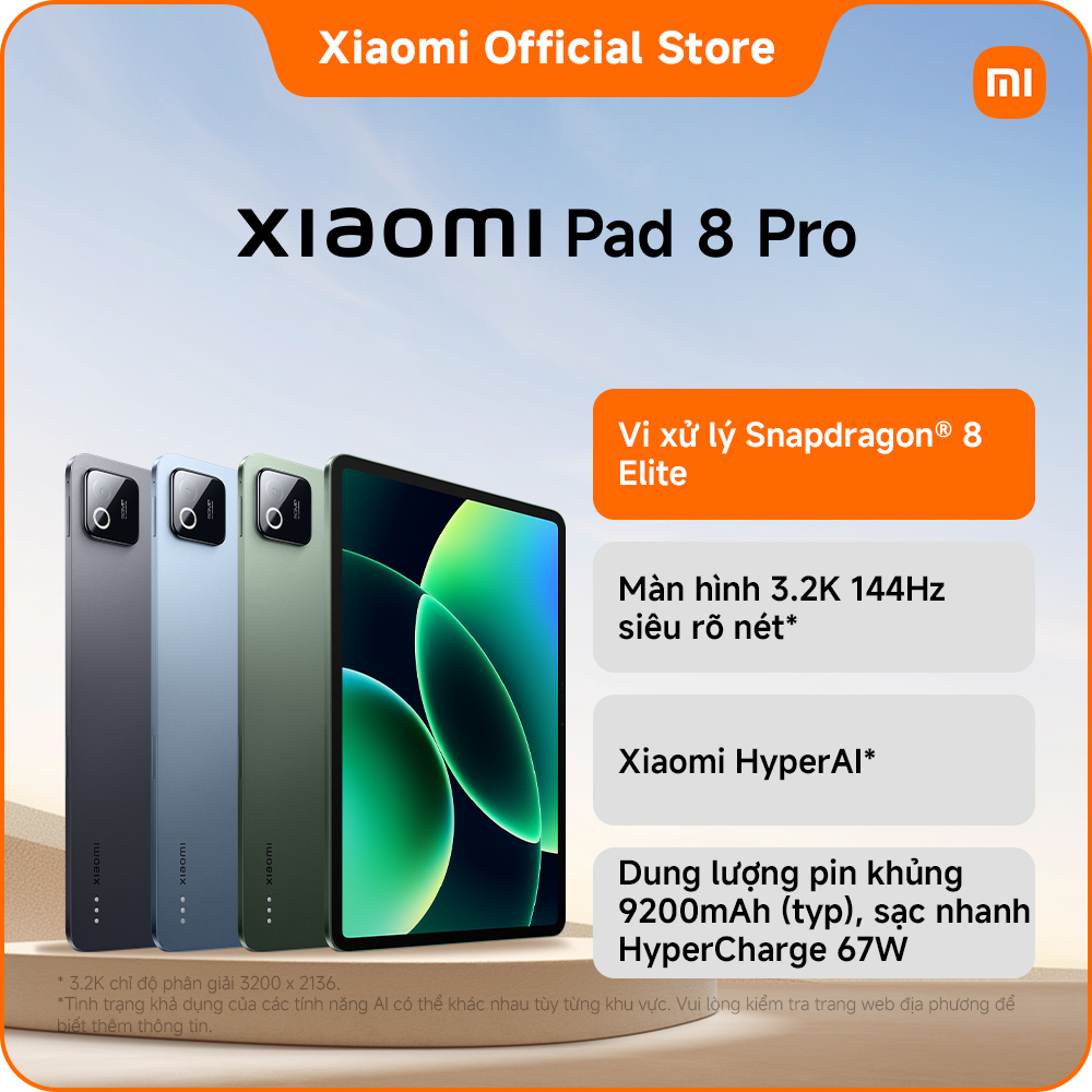 Máy tính bảng Xiaomi Pad 8 Pro (8+128GB|8+256GB)| Pin 9.200mAh (typ) siêu lớn| Màn hình 3.2K 144Hz siêu sắc nét| Vi xử lý Snapdragon 8 Elite