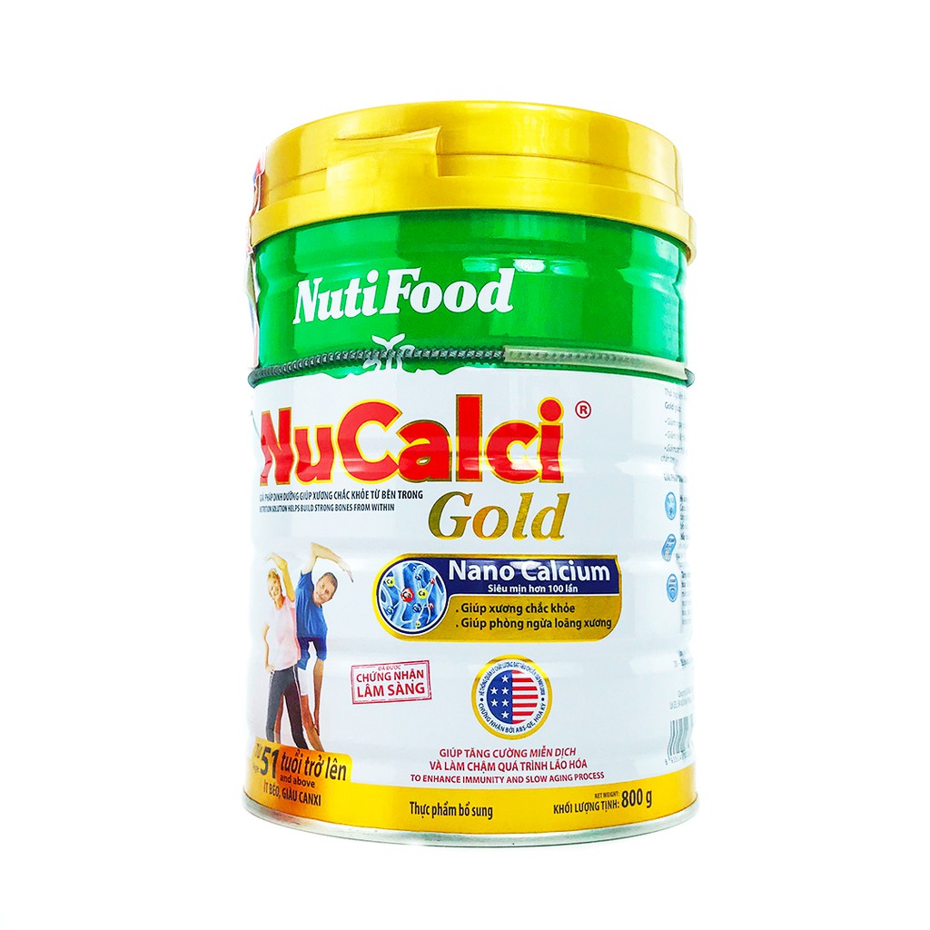 Sữa bột Nutifood NuCalci Gold lon 800g-Dinh dưỡng bổ sung canxi cho xương chắc khỏe(cho người từ 51 tuổi trở lên)