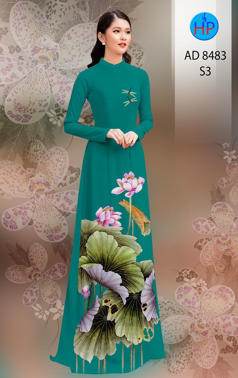 Lâm Hiền- Vải áo dài tằm ý in bông sen kèm quần cùng chất áo HP 8483