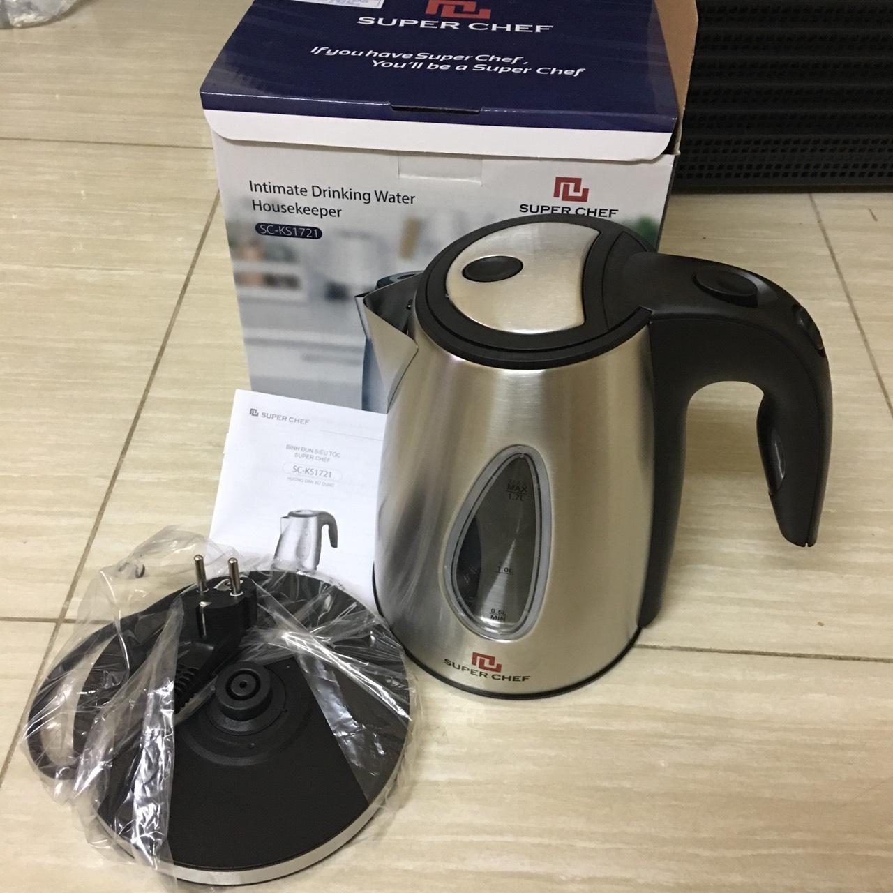 Bình đun siêu tốc 1.7L inox chính hãng SuperChef SC-KS1721 Phiếu bảo hành đi kèm