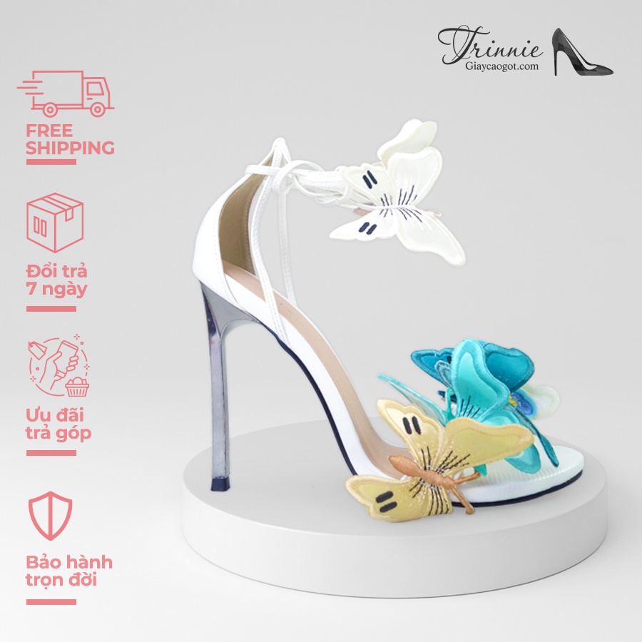 Giày cao gót 11cm Trinnie Sandal đính bướm Trắng mờ da PU cao cấp gót nhọn metallic gót đũa " Gót sắt" CN-SSB11TM