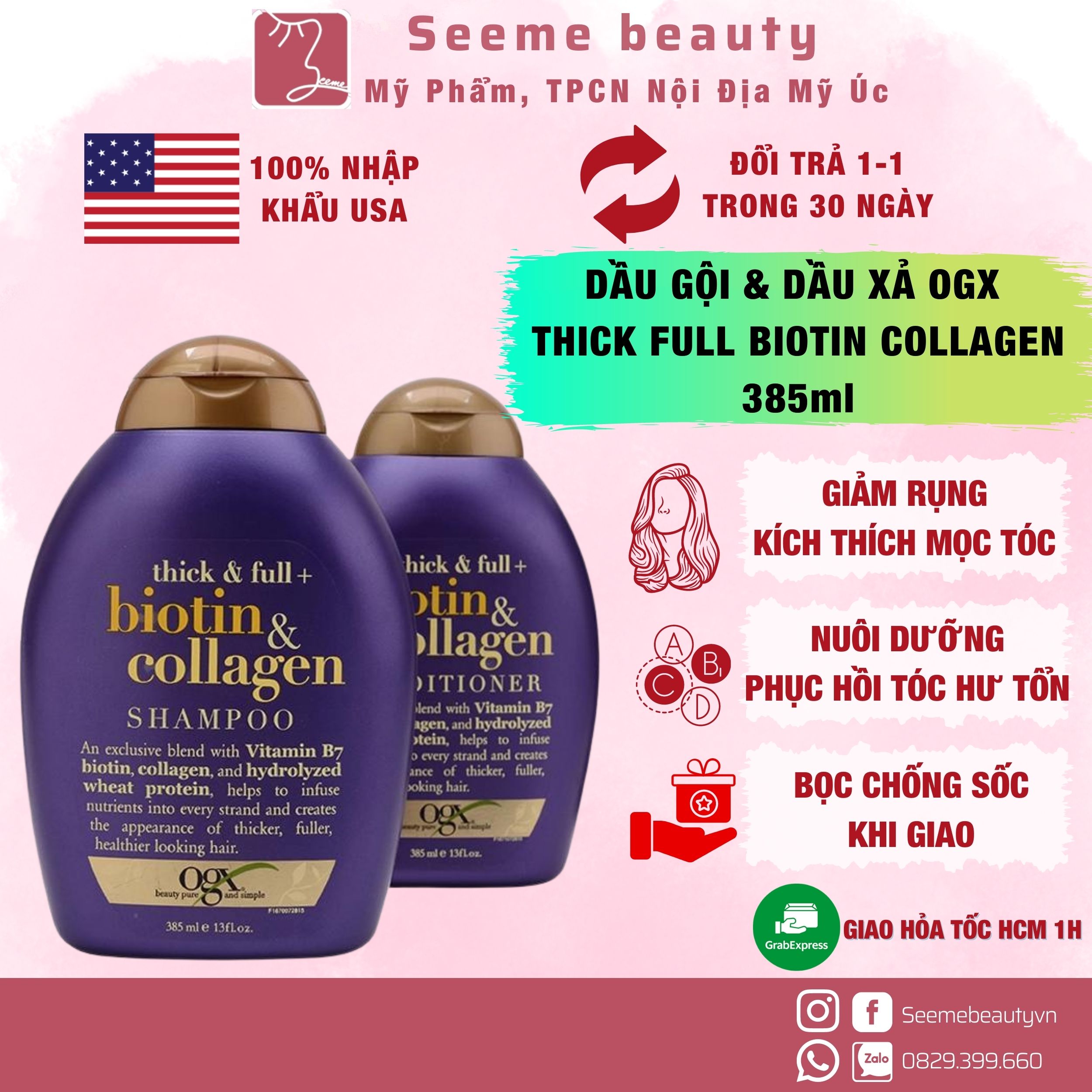 Dầu gội biotin, dầu xả biotin ogx thick full biotin collagen chai 385 ml seeme beauty