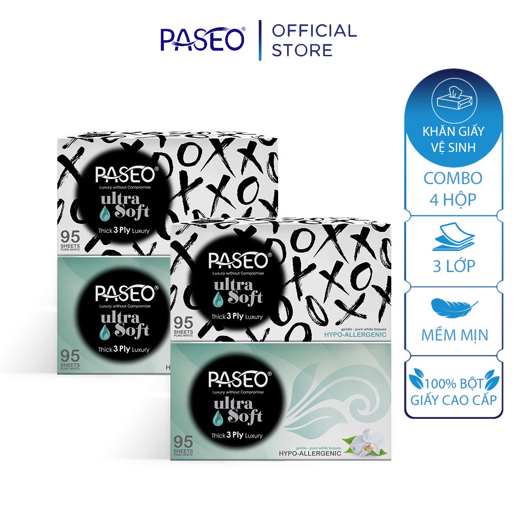 Combo 4 hộp khăn giấy Paseo Hypo-allergic XOXO 95 tờ, 3 lớp