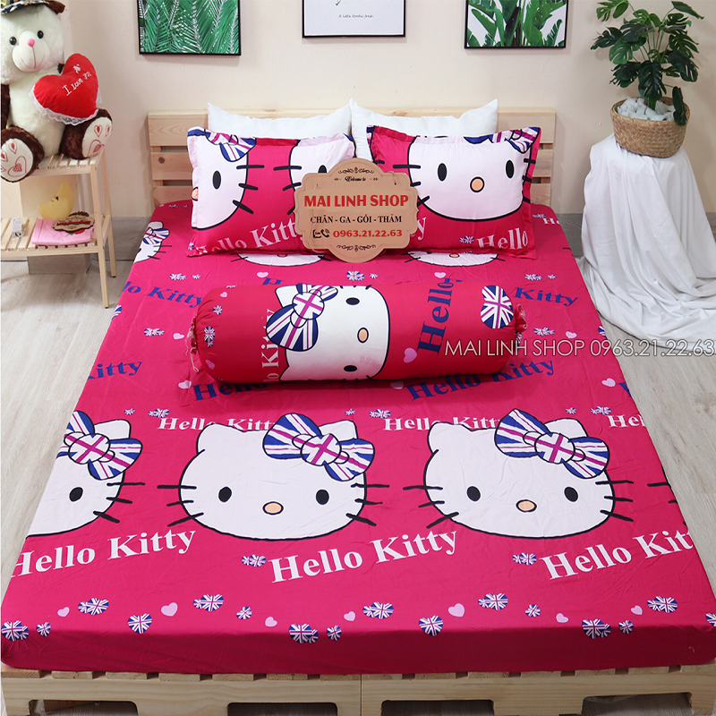 Bộ ga gối cotton poly màu hồng kitty cờ anh nhiều kích thước m2/m6/m8/2m2