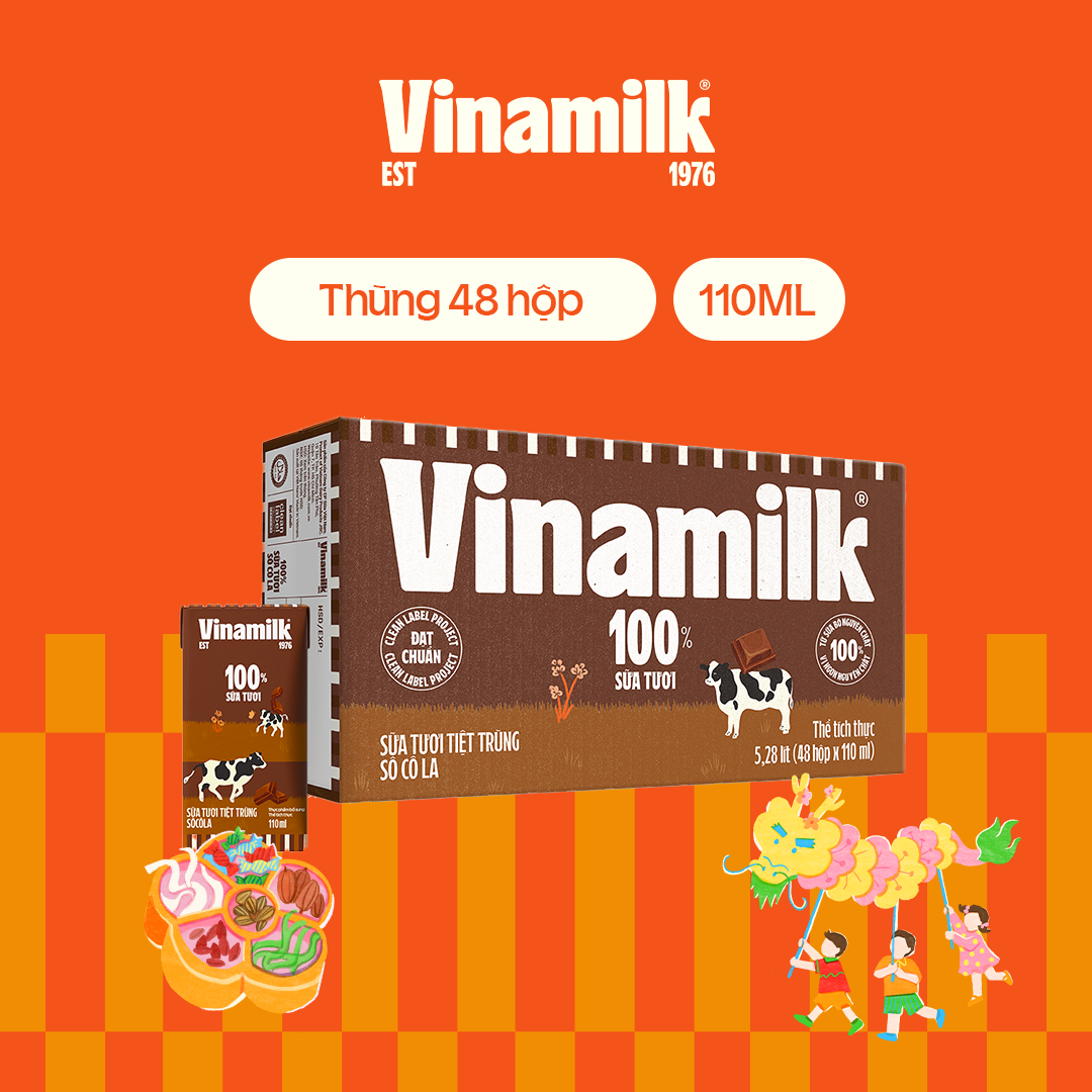 Thùng 48 hộp sữa tươi Vinamilk 100% socola 110ml