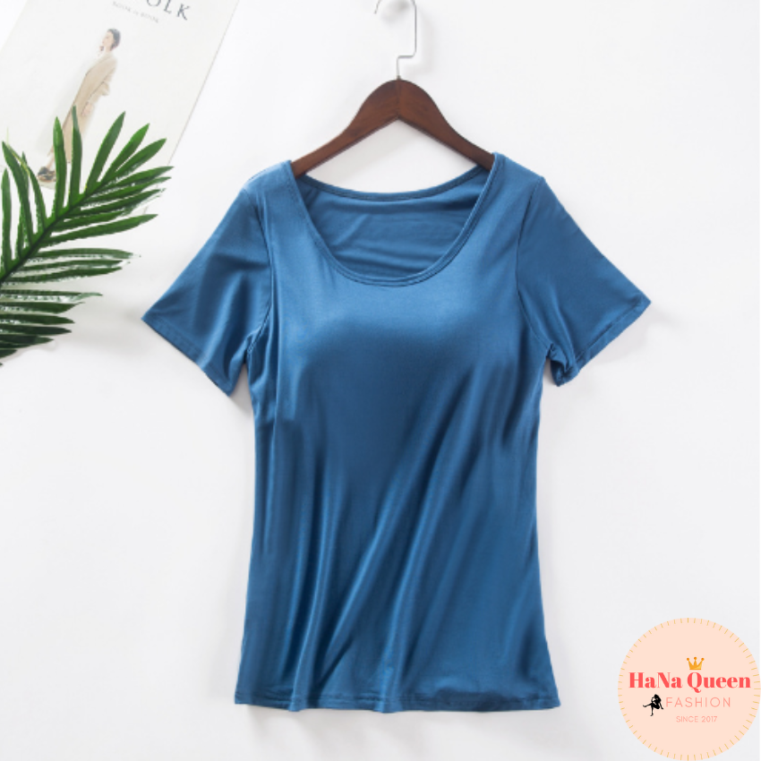 Áo phông nữ cộc tay kèm bra liền, cổ tròn, nhiều màu chất vải cotton thoáng khí thấm hút tốt