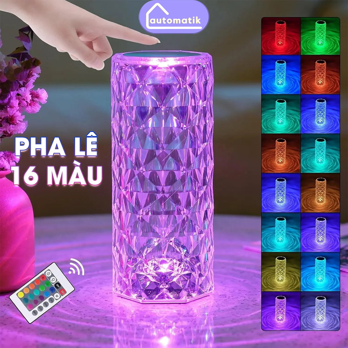 Đèn LED Trang Trí Phòng Ngủ Automatik, Đèn Ngủ Pha Lê Decor Mini Chill Mini Để Bàn 16 Màu Phòng Khách Dùng Pin 3D
