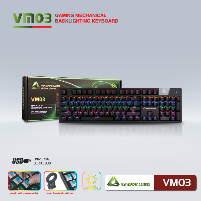 Bàn phím cơ cao cấp Gaming VSP Esport VM03 - 21 chế độ Led