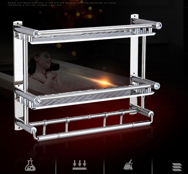 Kệ để đồ nhà tắm 2 tầng inox kích thước ngang 60cm, ngang 40cm tặng kèm móc treo