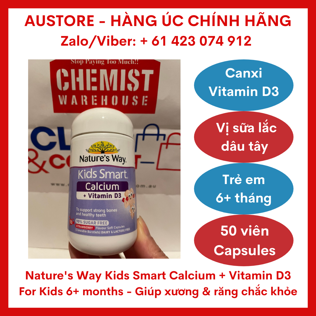 [Bill Úc] Nature's Way Kids Smart Calcium + Vitamin D 50 Chewable Capsules (for Children 6+ months) - Kẹo mềm Nature Way Kid Smart vị sữa lắc dâu tây bổ sung Canxi & Vitamin D3 cho trẻ từ 6 tháng tuổi trở lên