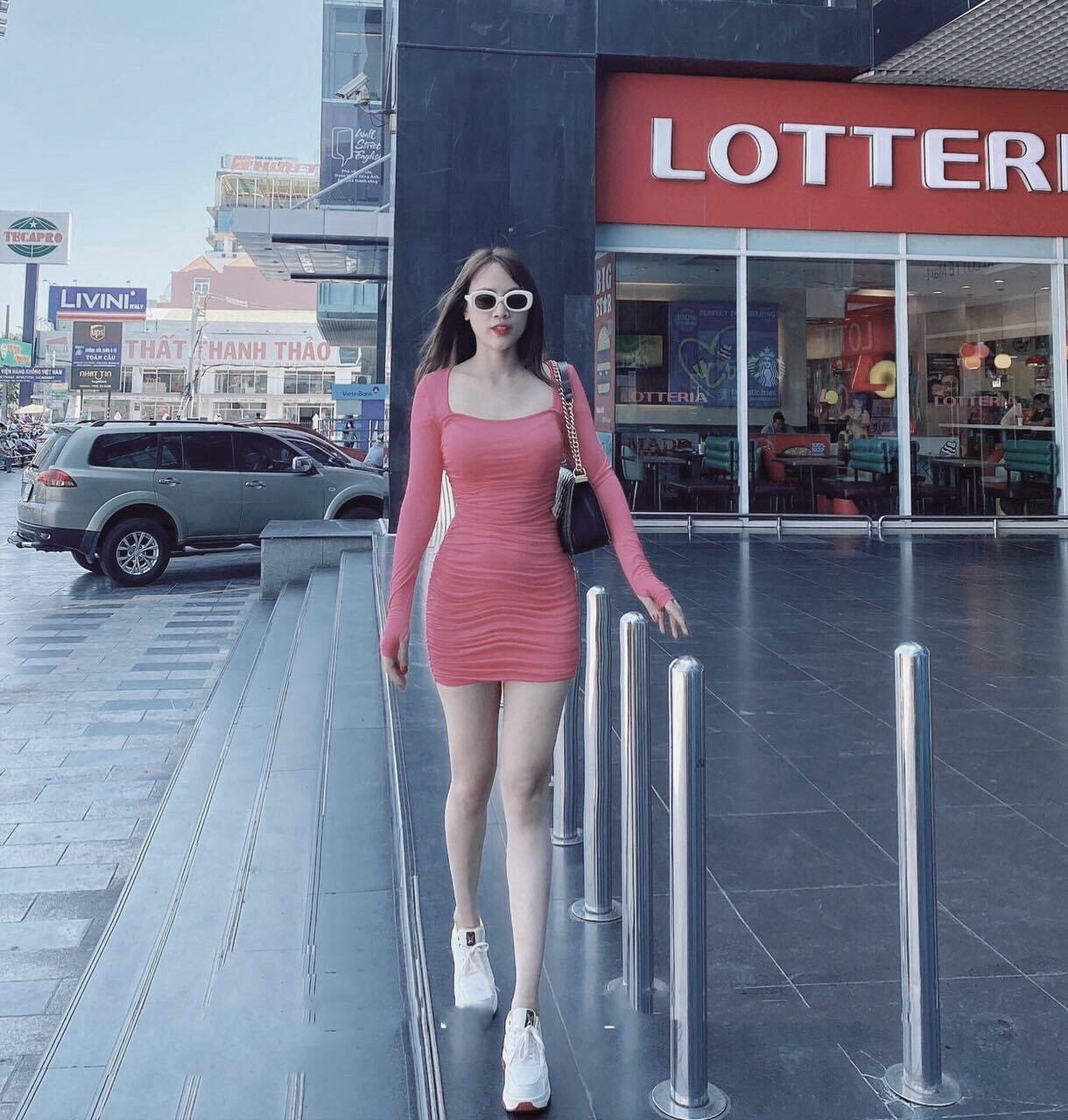 Váy đầm body tay dài cổ vuông nhún thời trang XINSO cao cấp chất cotton mềm mịn co giãn tốt không bai xù