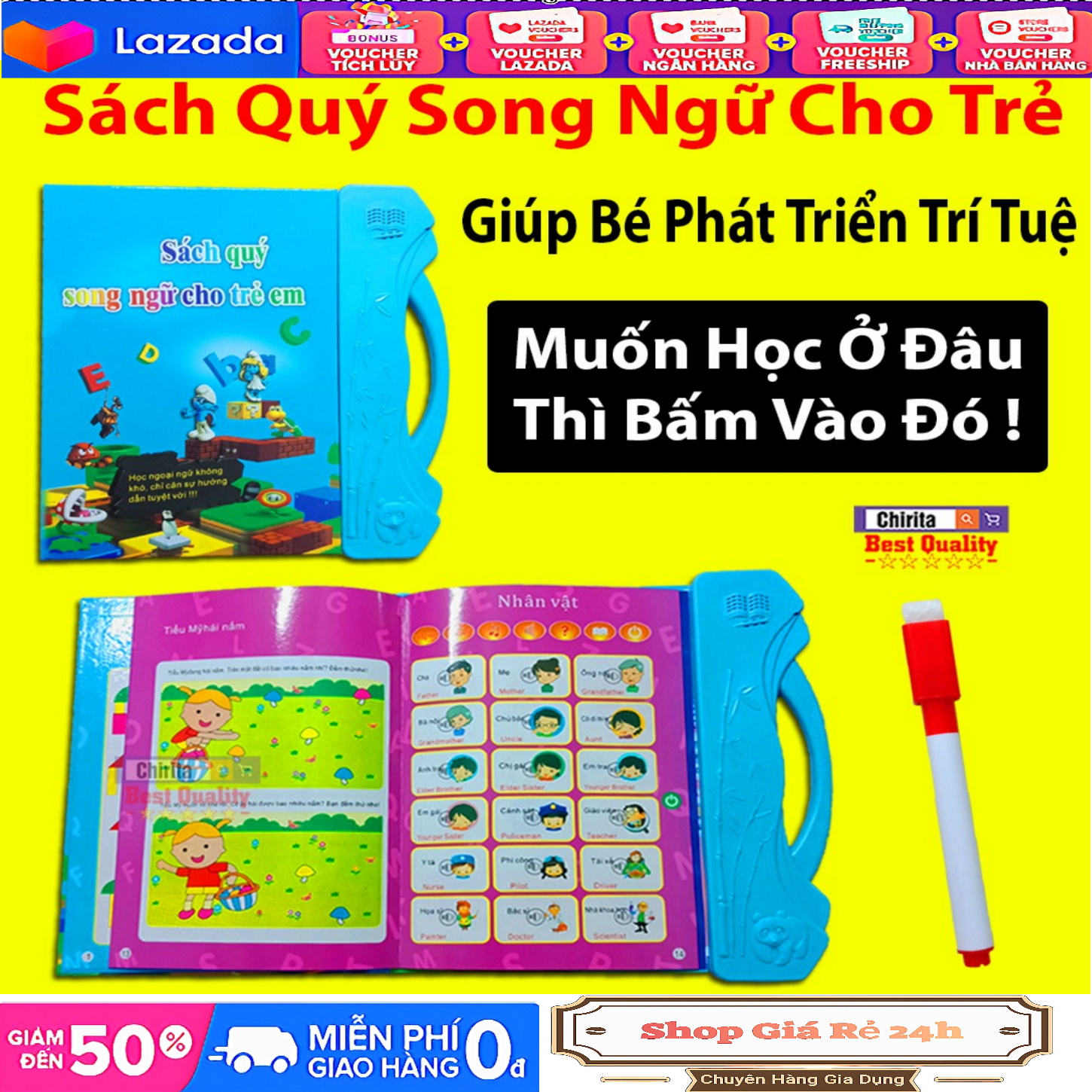 Sách Nói Điện Tử Song Ngữ Anh- Việt Giúp Trẻ Học Tốt Tiếng Anh, TĂNG KHẢ NĂNG NHẬN BIẾT CHO TRẺ tặng kèm bút xóa