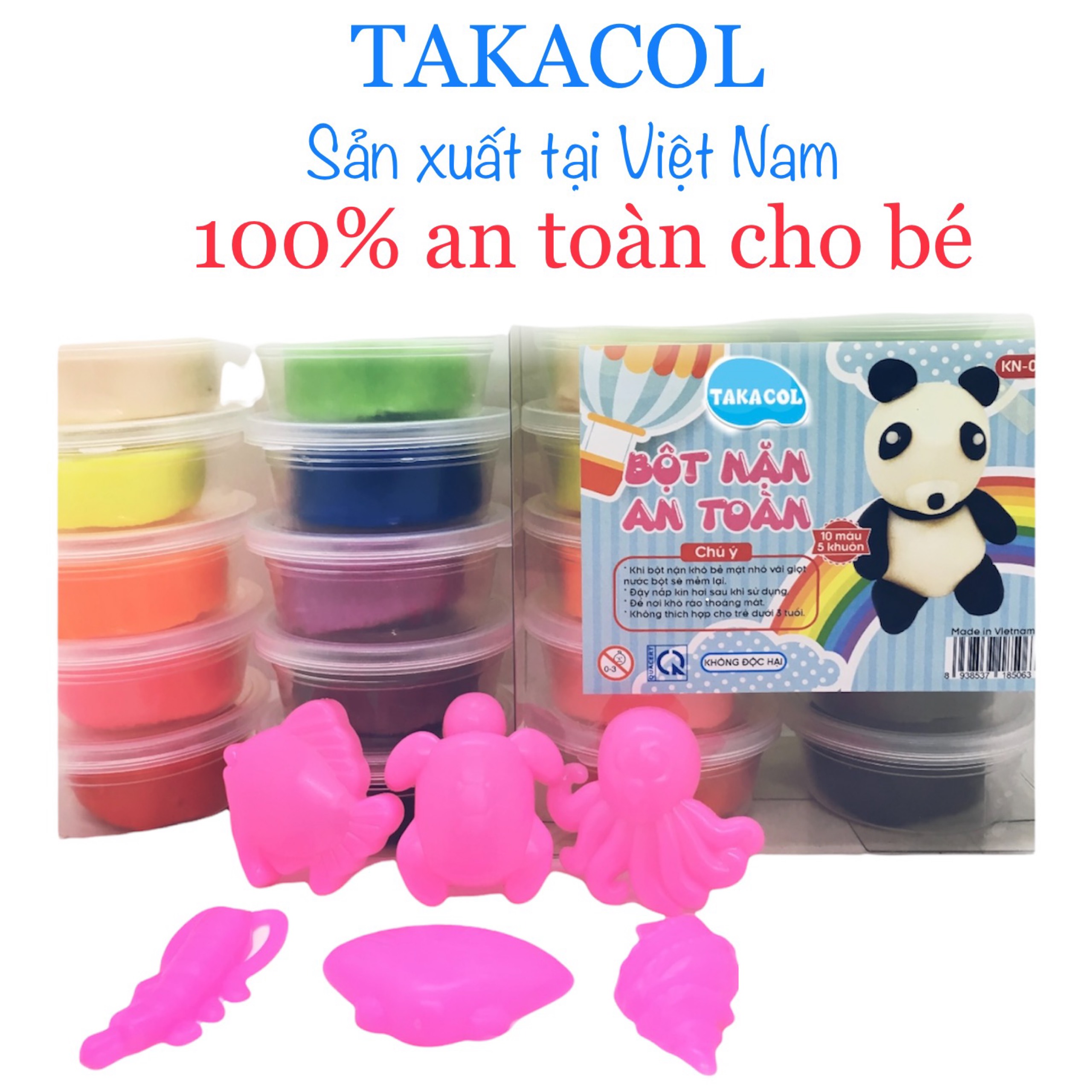Đất Nặn an toàn cho bé Bột Nặn TAKACOL set 10 màu 6 khuôn chơi kèm KN-09