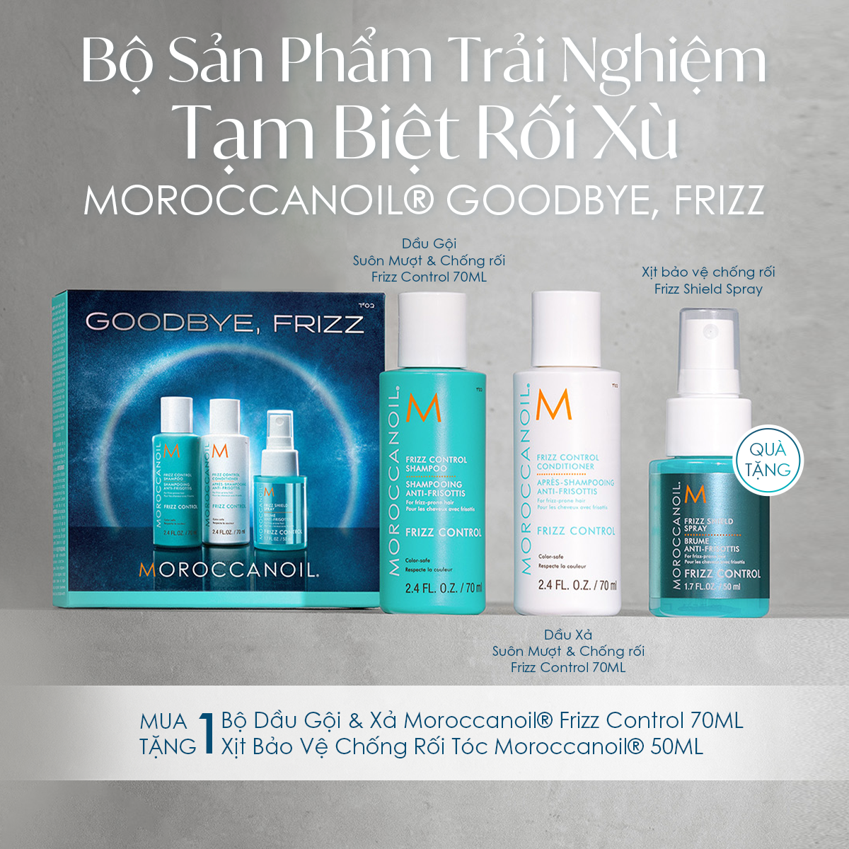 [ƯU ĐÃI GIỚI HẠN 39%] Bộ Sản Phẩm Tạm Biệt Rối Xù Moroccanoil® Goodbye Frizz | Tặng kèm Xịt Bảo Vệ Chống Rối 50ml