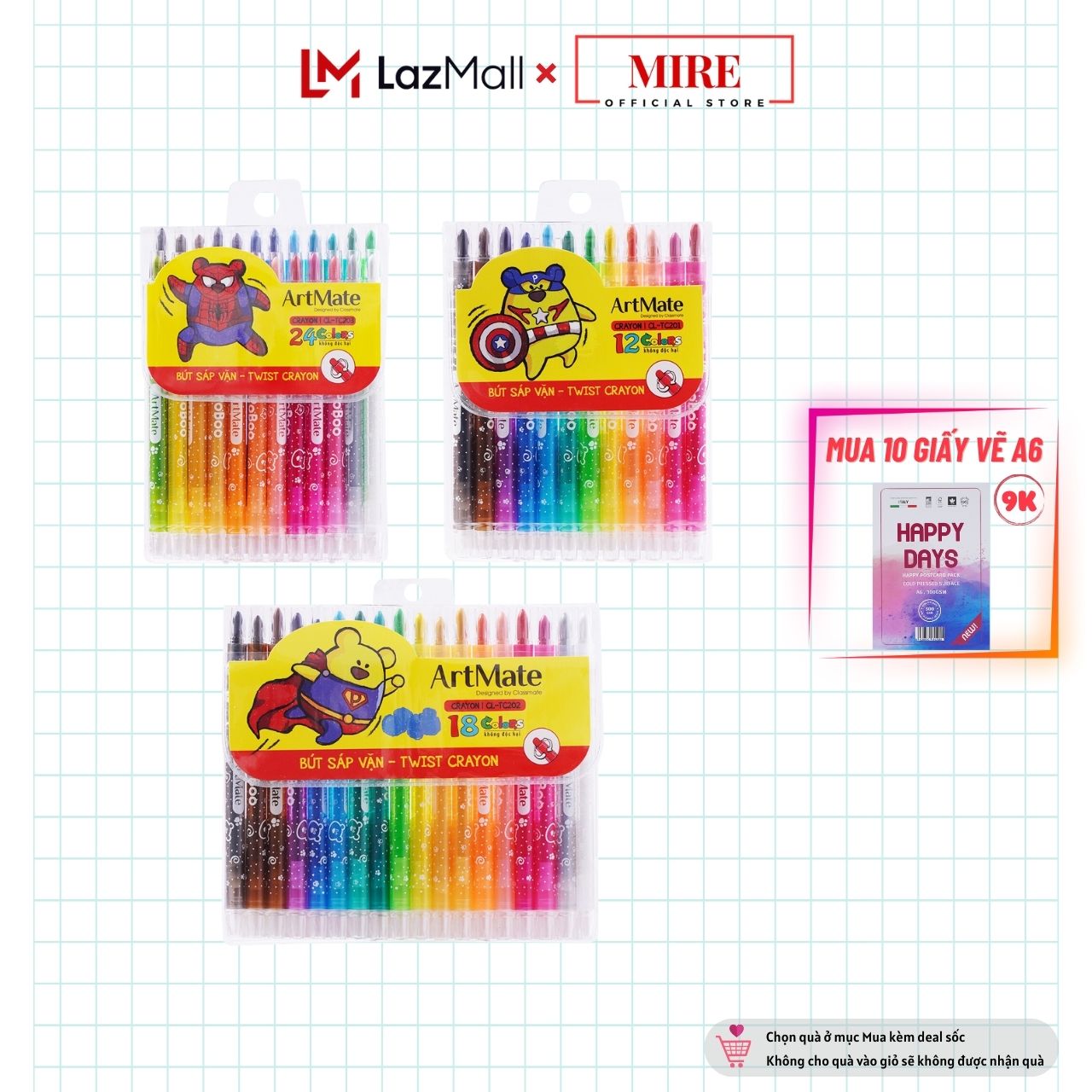 Túi bút sáp vặn 12,18,24 màu classmate, sáp vặn siêu anh hùng vỏ dài 165cm, ruột dài 100ml cl-tc201/202/203