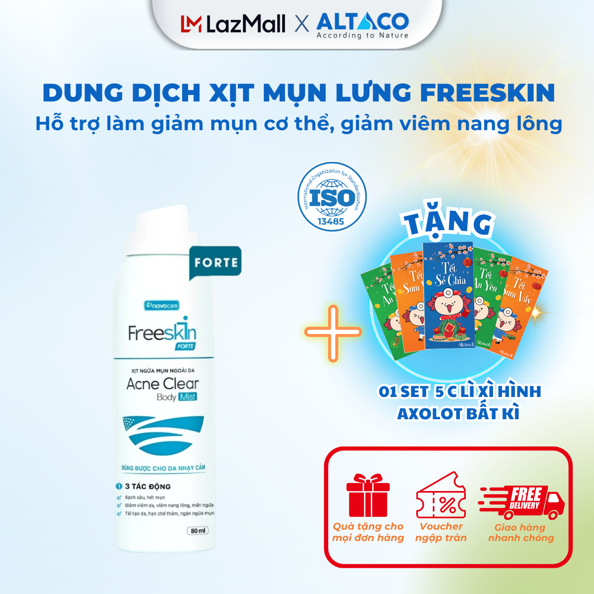 Xịt mụn lưng Freeskin - Hỗ trợ giảm mụn cơ thể, mờ thâm, giảm viêm nang lông, phục hồi làn da bị mụn, dung tích 80ml Novocare