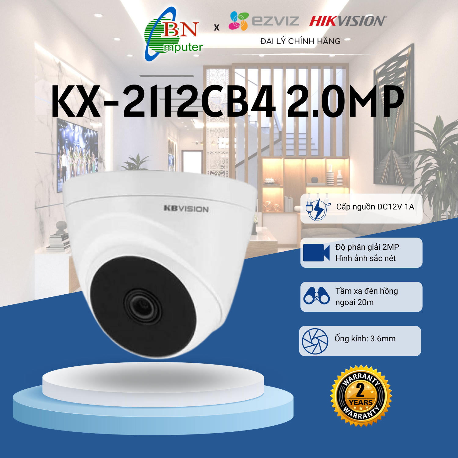 Camera quan sát KBVision KX-2112CB4, bán cầu nhựa, bảo hành 24 tháng