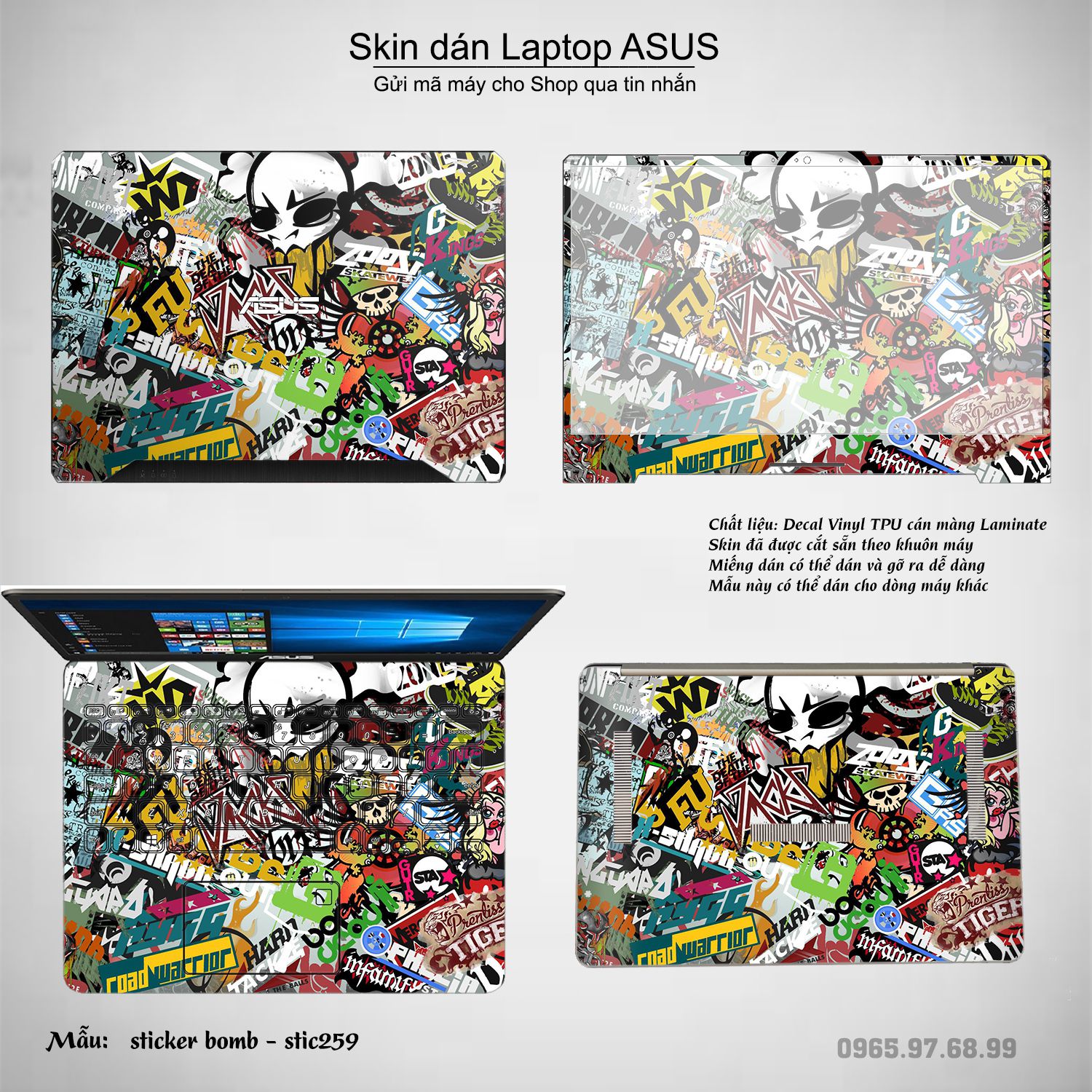 Decal Skin dán Laptop Asus mẫu sticker bomb (inbox mã máy cho shop)