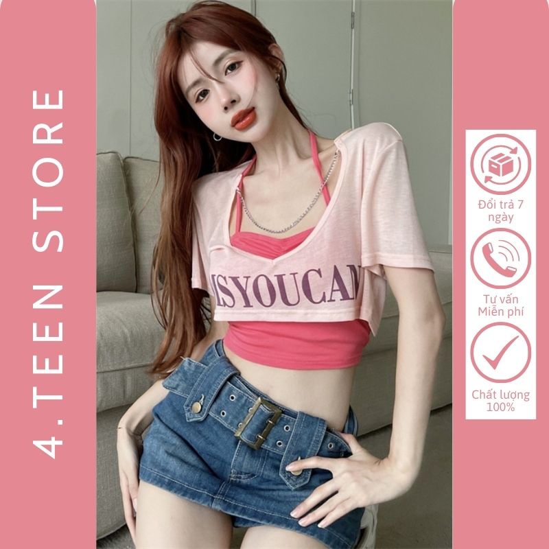 Áo croptop cộc tay kèm áo yếm in chữ áo thun giấy 2 màu trắng hồng 4teenstore cr016