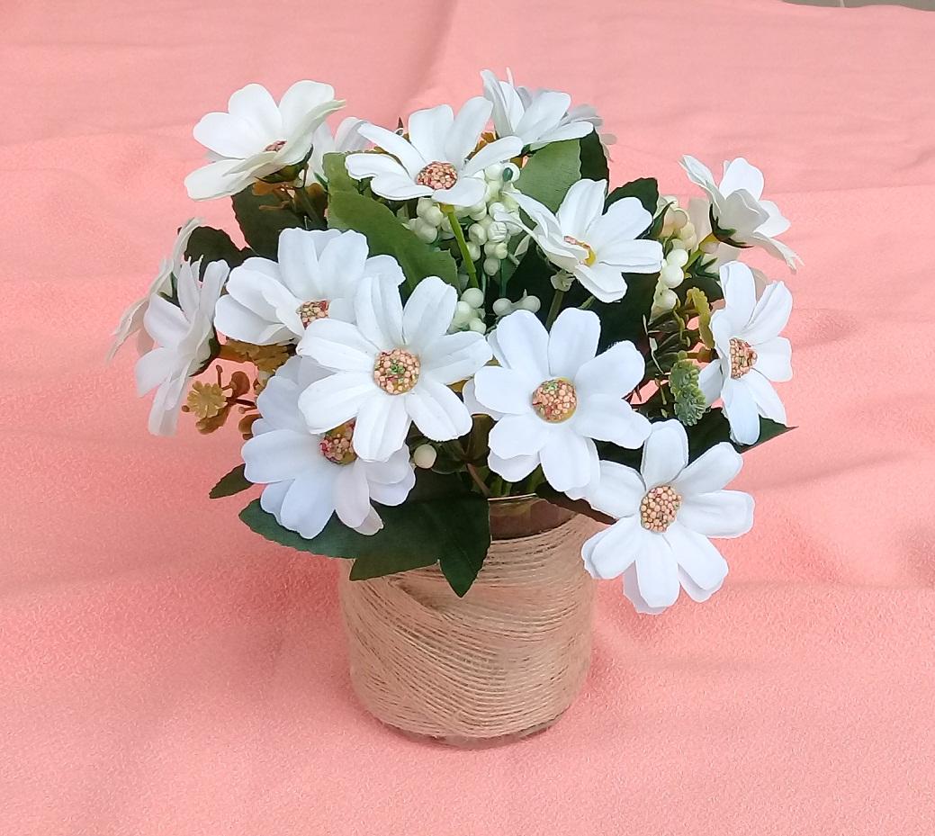 Bình hoa giả trang trí NHỎ VỪA hoa cúc trắng cao 18cm, để bàn, trưng kệ